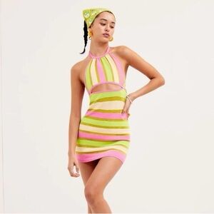 NWT For Love & Lemons Tori Mini Dress / Pink Green / Size XL